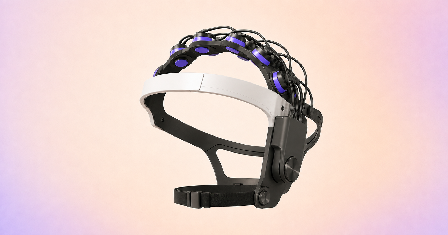 MINDCTL ultrasound research helmet with a superior and posterior violet transducer array